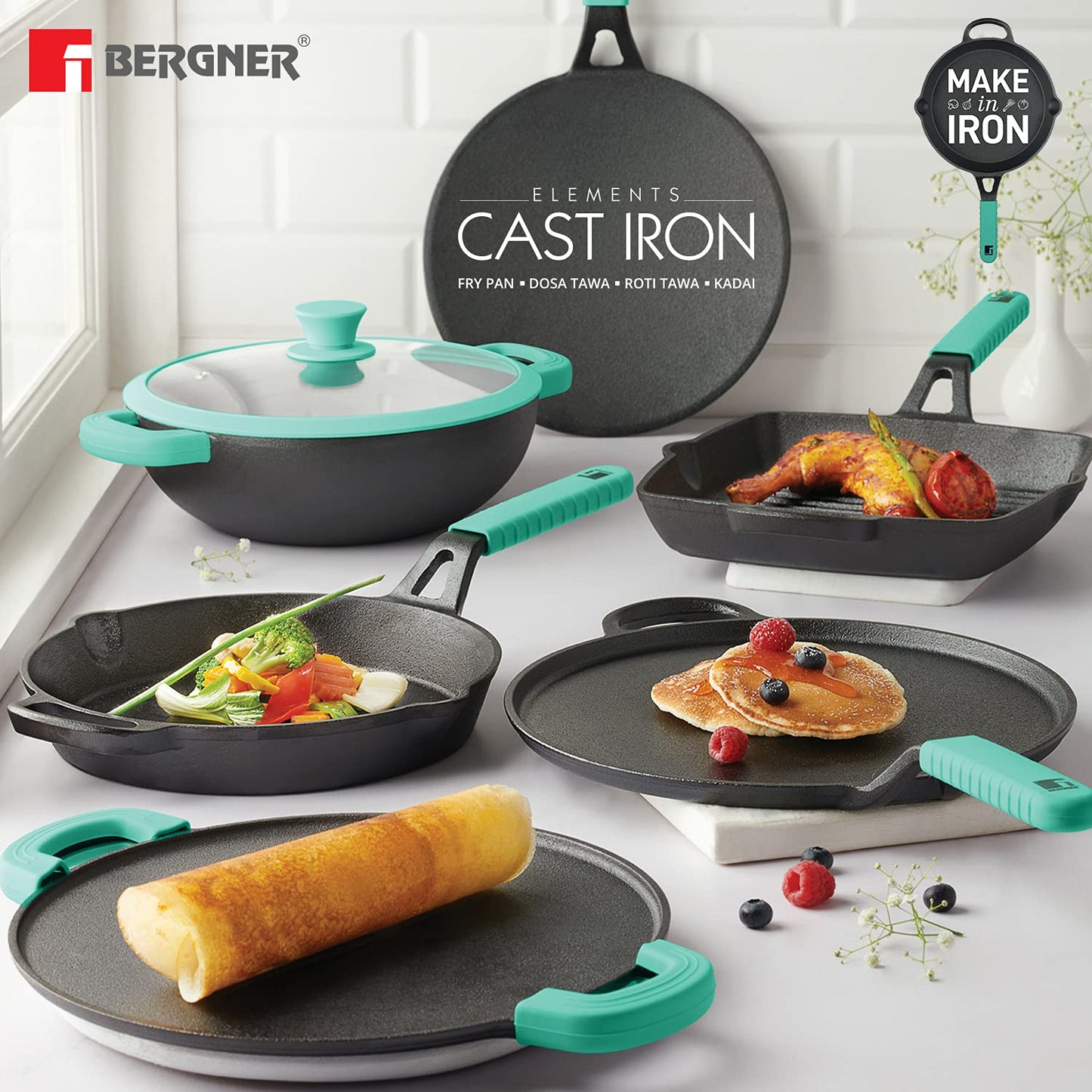 Bergner Elements Cast Iron 30 cm Flat Tawa, Pre-Seasoned, for Paratha/Dosa/Pav Bhaji/Wraps/Tortilla/Uttapam/Pancake/Crepe/Eggs/Toast, 2X Teal Blue Silicone Handles, Induction & Gas Ready