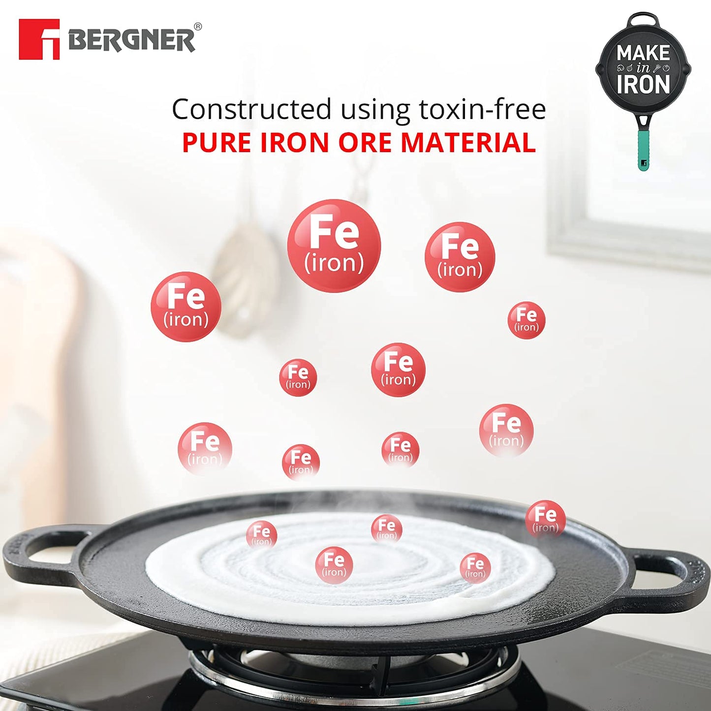 Bergner Elements Cast Iron 30 cm Flat Tawa, Pre-Seasoned, for Paratha/Dosa/Pav Bhaji/Wraps/Tortilla/Uttapam/Pancake/Crepe/Eggs/Toast, 2X Teal Blue Silicone Handles, Induction & Gas Ready