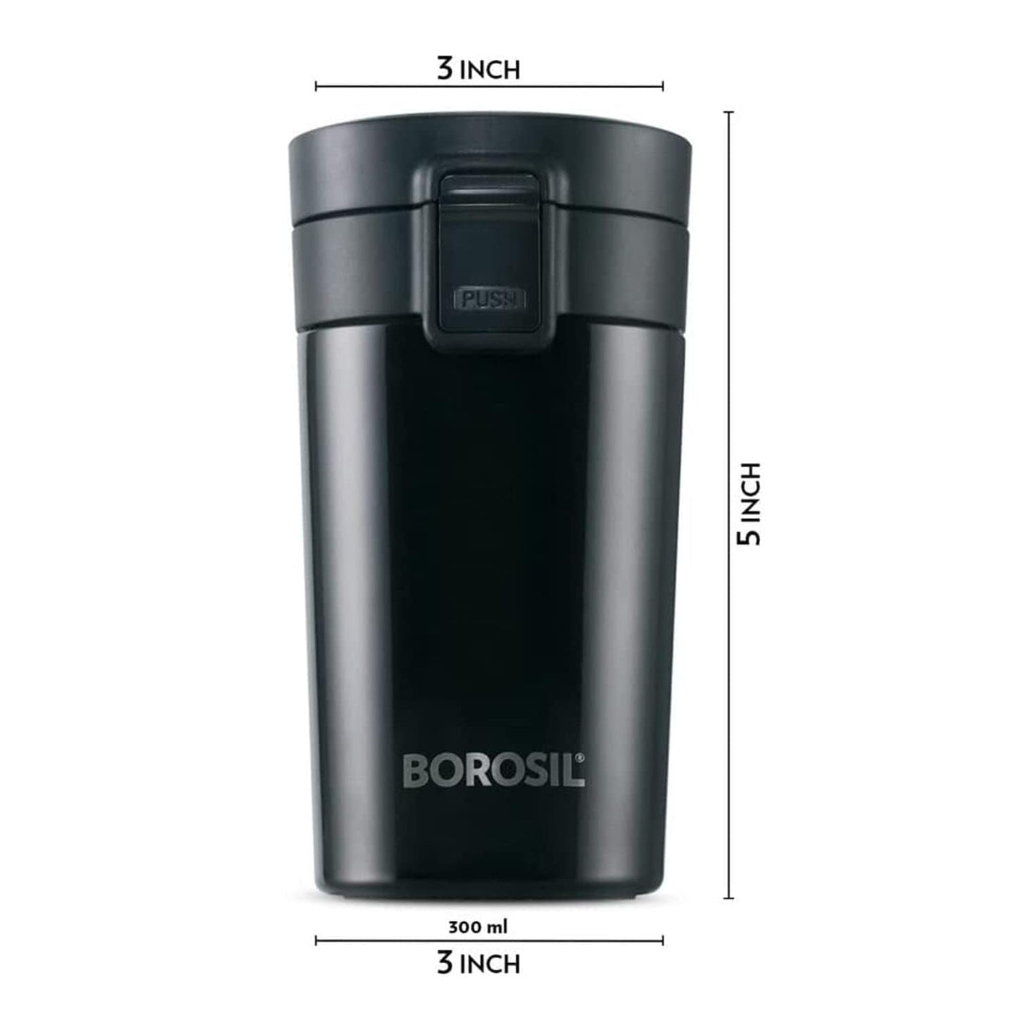 Borosil Hydra Coffeemate 300 ml Stainless Steel Travel Mug | Double Wall Vacuum Insulated, Black | 8 Hrs Hot & 14 Hours Cold | Ideal for Personal & Corporate Gifting