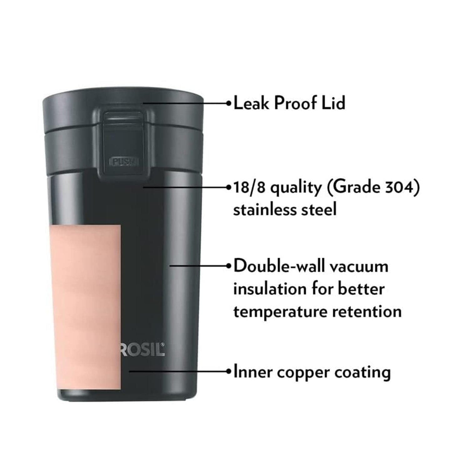 Borosil Hydra Coffeemate 300 ml Stainless Steel Travel Mug | Double Wall Vacuum Insulated, Black | 8 Hrs Hot & 14 Hours Cold | Ideal for Personal & Corporate Gifting