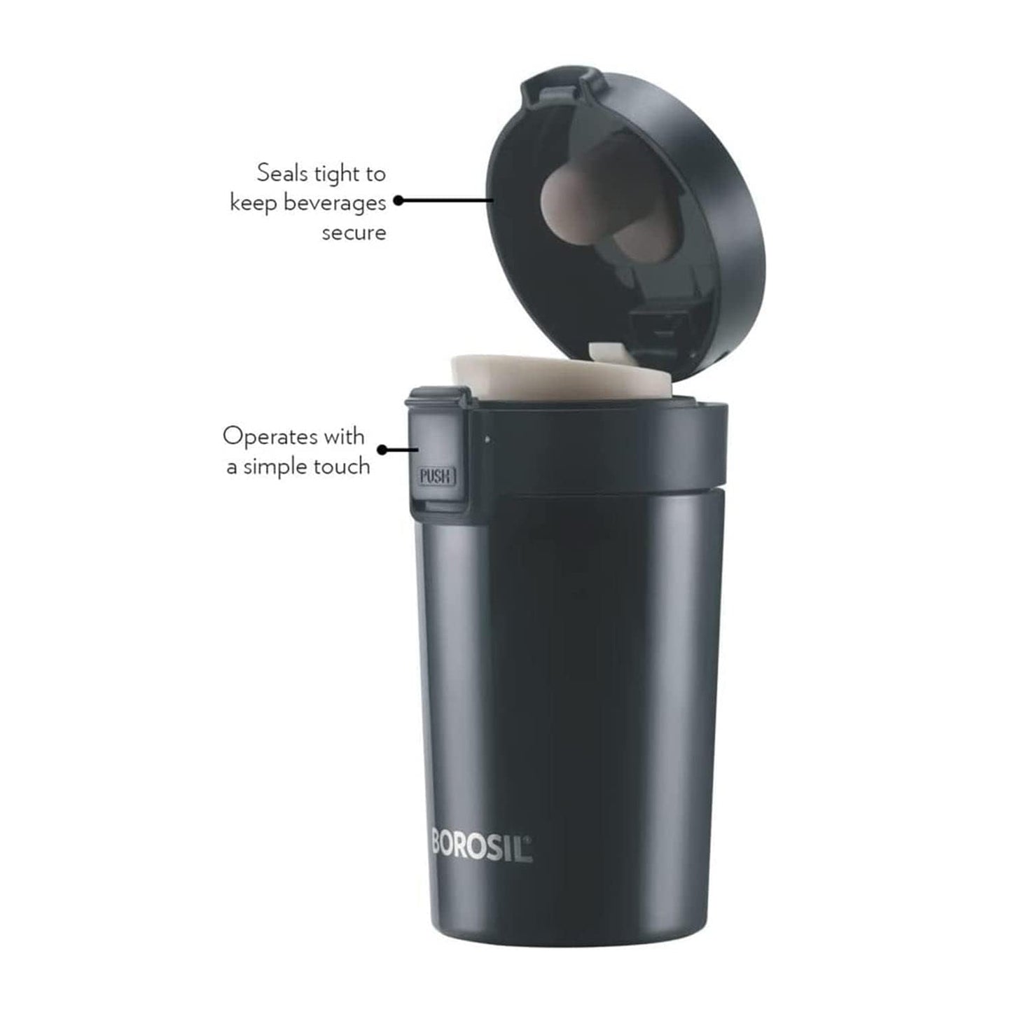 Borosil Hydra Coffeemate 300 ml Stainless Steel Travel Mug | Double Wall Vacuum Insulated, Black | 8 Hrs Hot & 14 Hours Cold | Ideal for Personal & Corporate Gifting