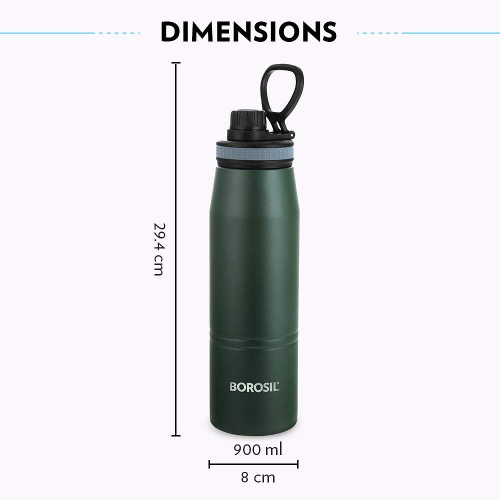 Borosil Hydra Gosports Stainless Steel 900 ml Water Bottle | Double Wall Vacuum Insulated | 14 Hours Hot & 18 Hours Cold | Leakproof, BPA Free | 1 Year Warranty,