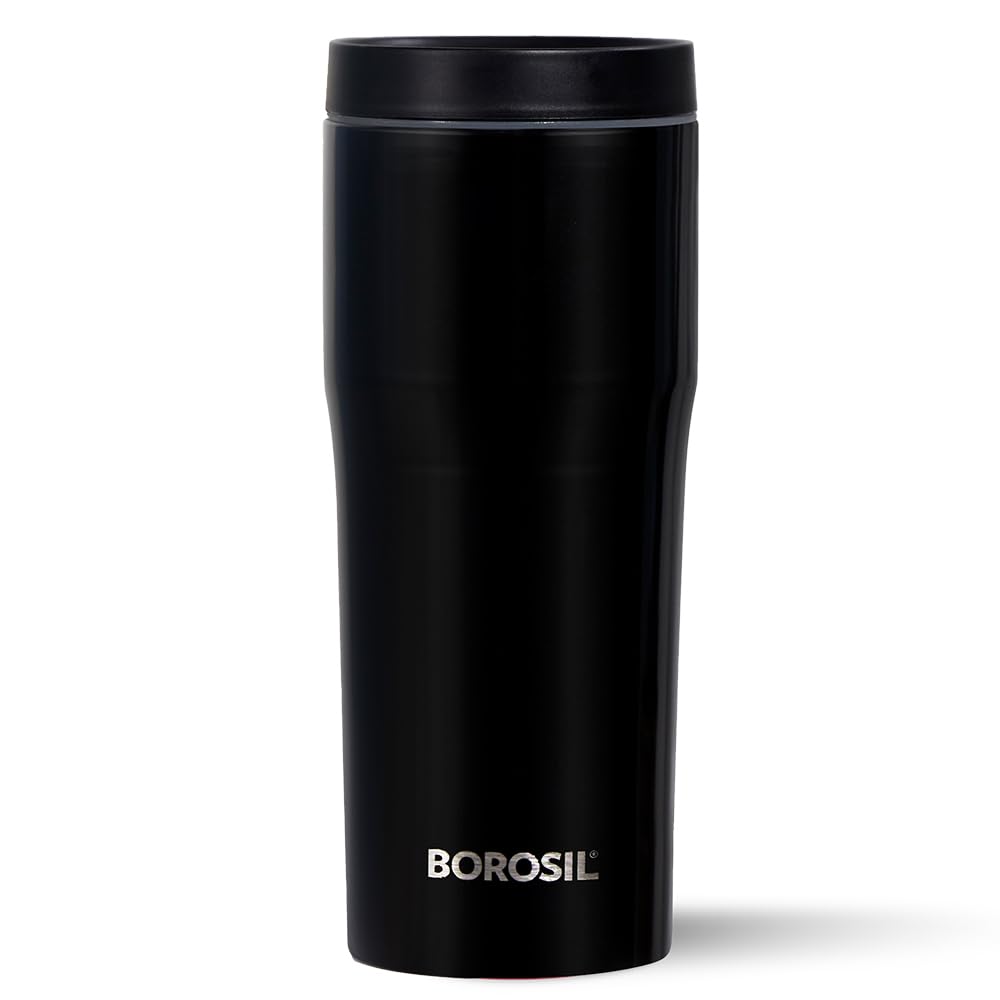 Borosil Hydra Hike 500ml Stainless Steel Flask Tumbler | Double Wall Vacuum Insulated | 9 Hrs Hot & 13 Hrs Cold | Leakproof & Wide Mouth | Fits in Car Holders, for Home, Office, Sports, Black