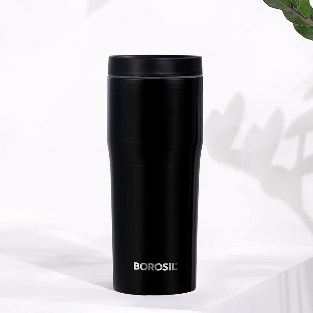 Borosil Hydra Hike 500ml Stainless Steel Flask Tumbler | Double Wall Vacuum Insulated | 9 Hrs Hot & 13 Hrs Cold | Leakproof & Wide Mouth | Fits in Car Holders, for Home, Office, Sports, Black