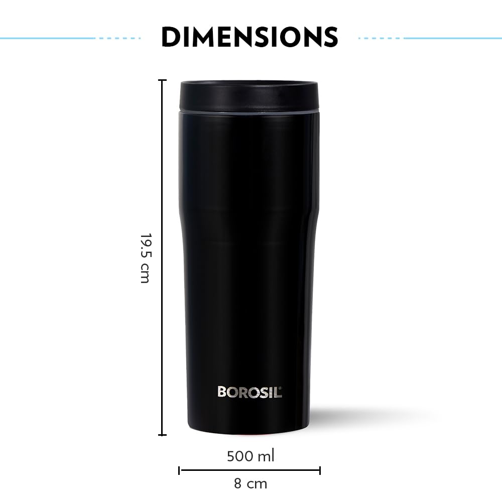 Borosil Hydra Hike 500ml Stainless Steel Flask Tumbler | Double Wall Vacuum Insulated | 9 Hrs Hot & 13 Hrs Cold | Leakproof & Wide Mouth | Fits in Car Holders, for Home, Office, Sports, Black