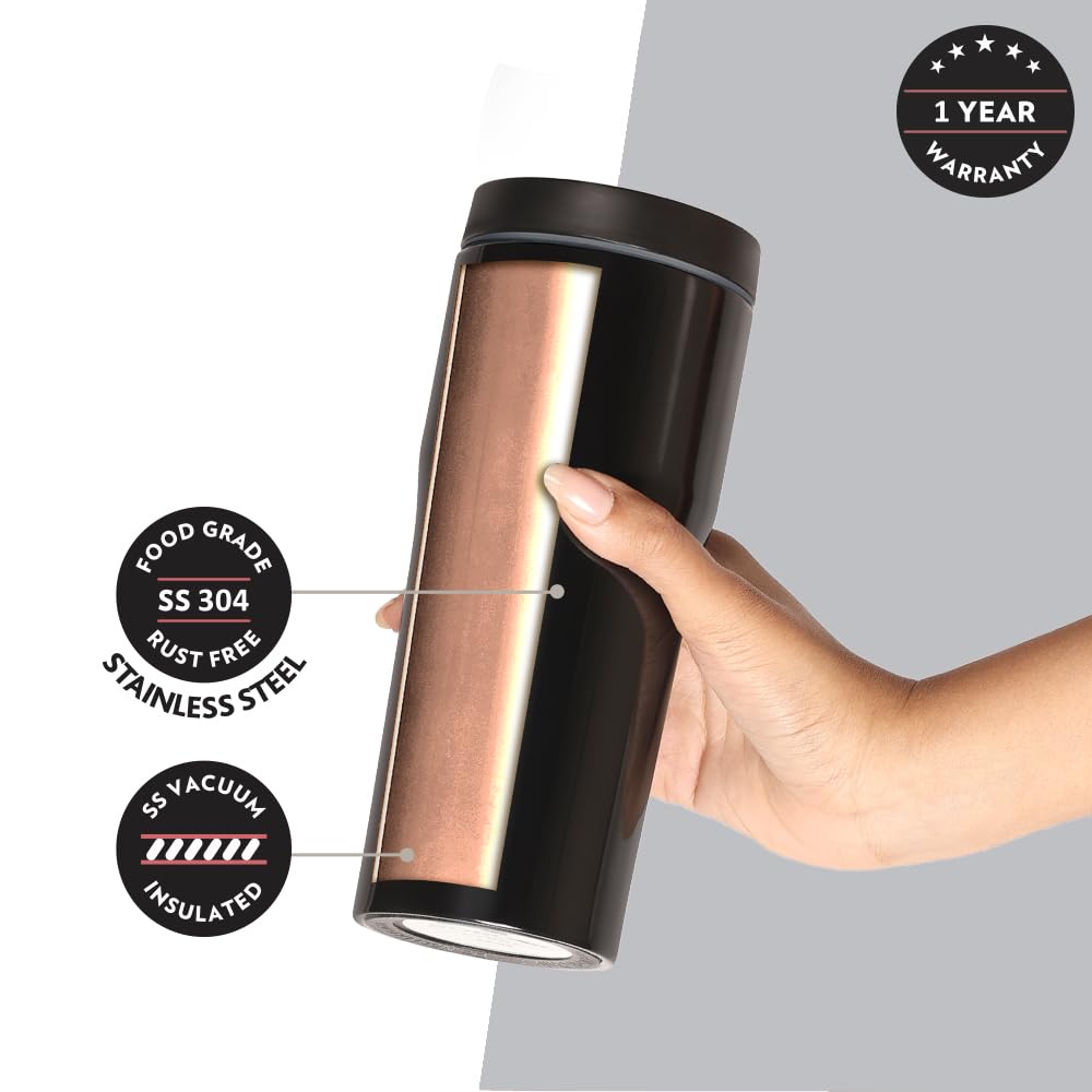 Borosil Hydra Hike 500ml Stainless Steel Flask Tumbler | Double Wall Vacuum Insulated | 9 Hrs Hot & 13 Hrs Cold | Leakproof & Wide Mouth | Fits in Car Holders, for Home, Office, Sports, Black