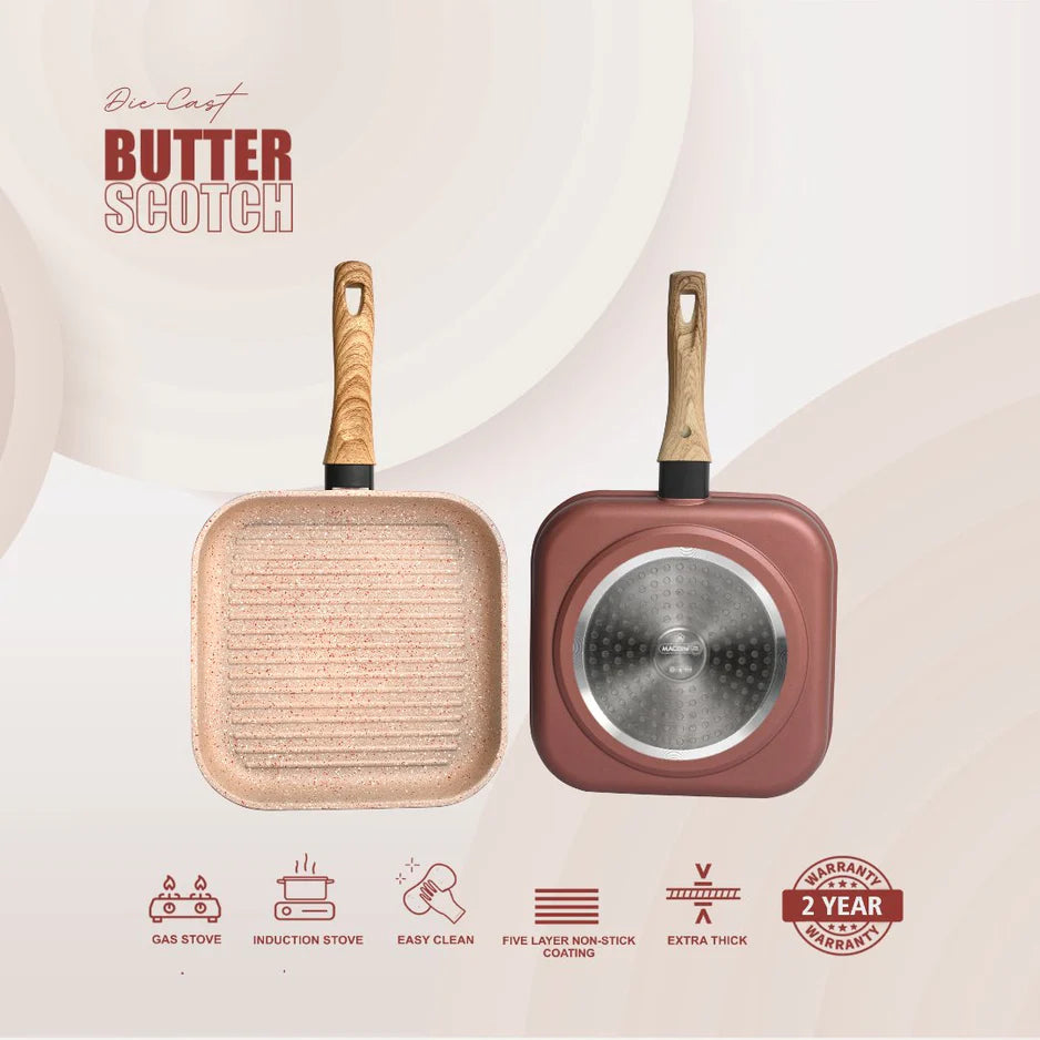 Butter Scotch Die Cast Non Stick Square Grill Pan 26 cm Dia, 2.2 Liters, Induction Base