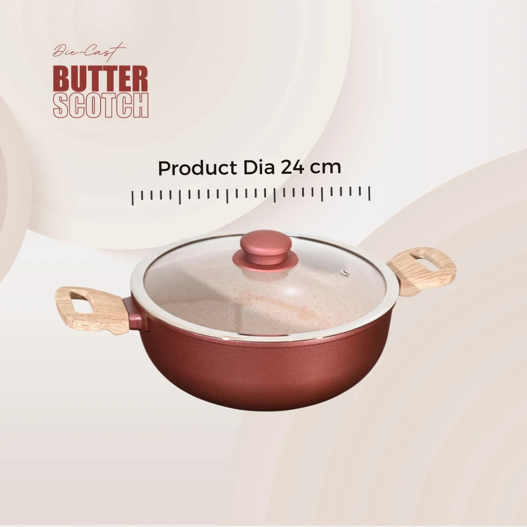 MACclite Butter Scotch Die Cast Non Stick Kadai With Glass Lid Induction Base