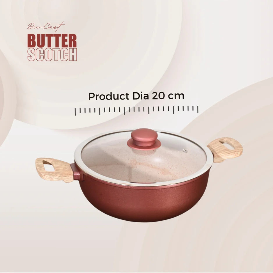 MACclite Butter Scotch Die Cast Non Stick Kadai With Glass Lid Induction Base