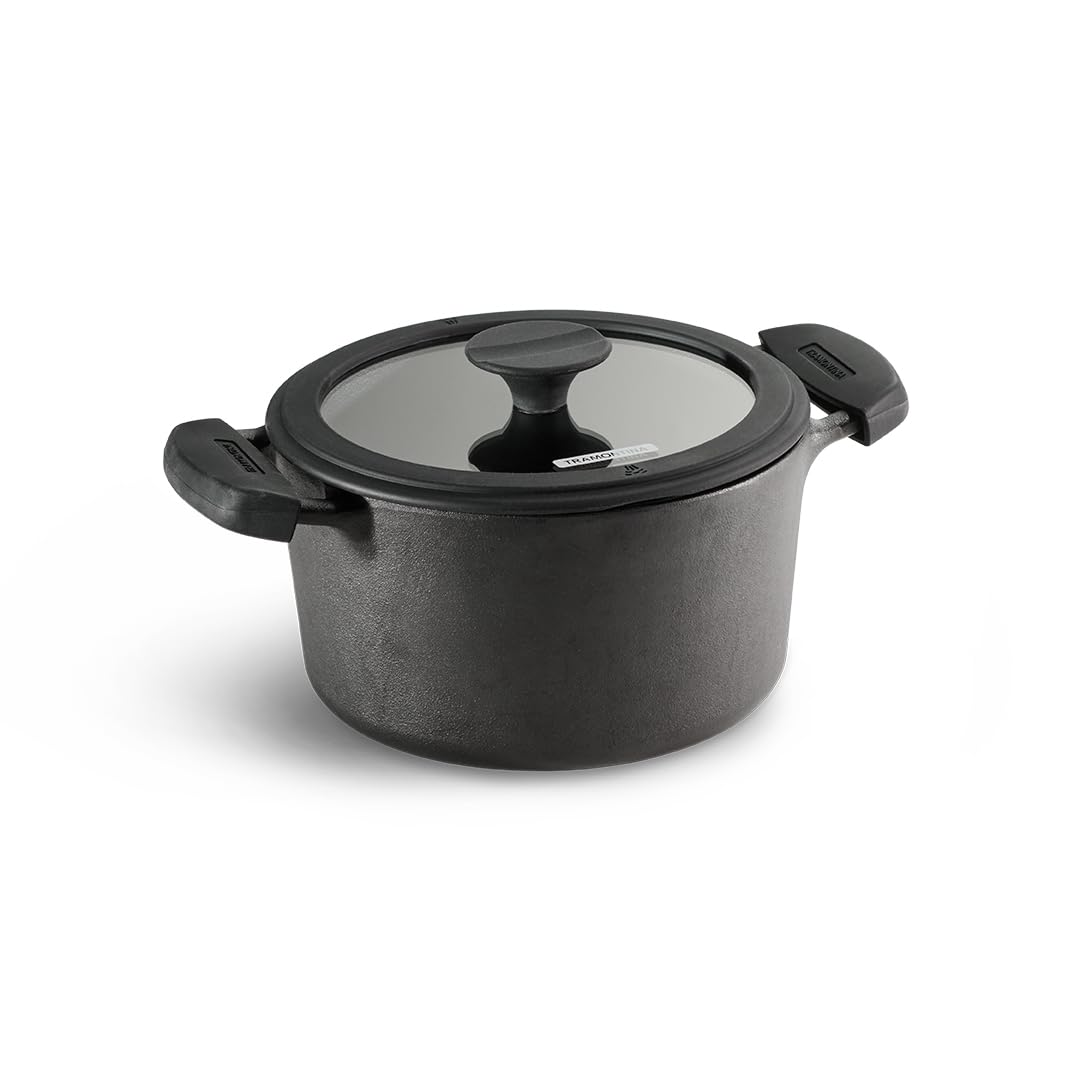 Tramontina Titanex  Pre-Seasoned Cast Iron Biryani Pot Non-Toxic, Induction Ready, Toughned Glass Lid with Steam Release, Snap-On Cool Touch Grips, Excellent Heat Retention & Even Heating