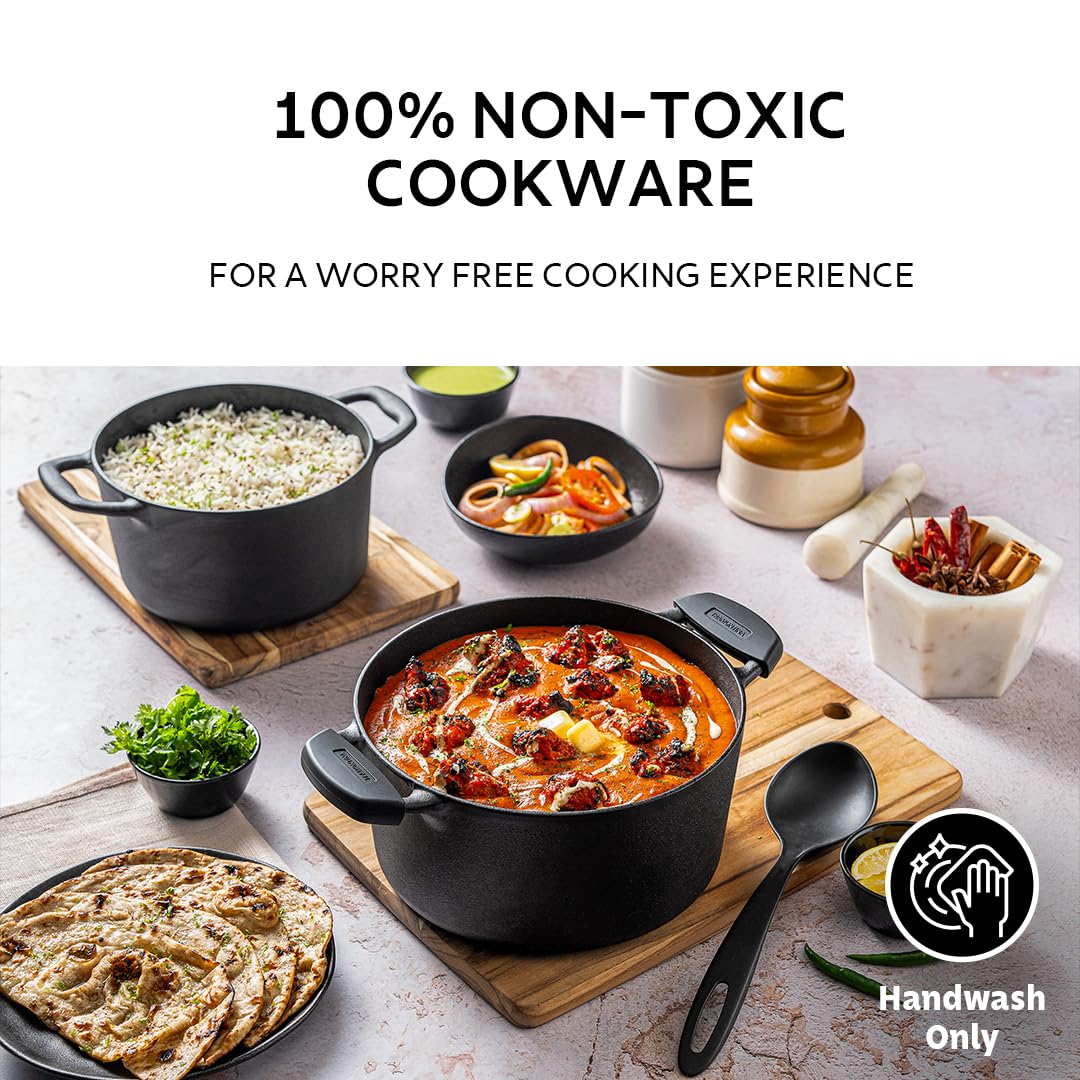 Tramontina Titanex  Pre-Seasoned Cast Iron Biryani Pot Non-Toxic, Induction Ready, Toughned Glass Lid with Steam Release, Snap-On Cool Touch Grips, Excellent Heat Retention & Even Heating