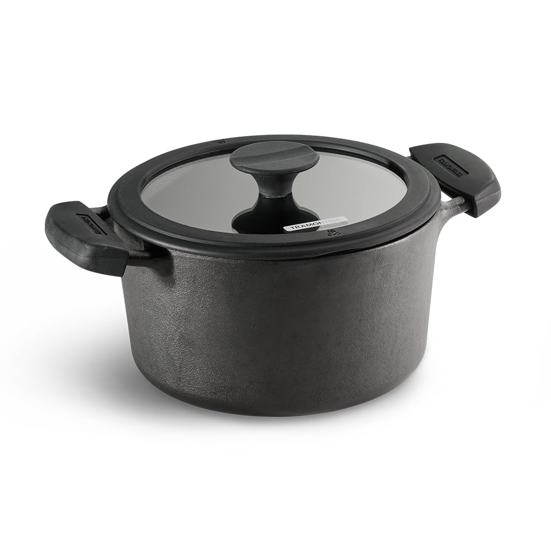 Tramontina Titanex  Pre-Seasoned Cast Iron Biryani Pot Non-Toxic, Induction Ready, Toughned Glass Lid with Steam Release, Snap-On Cool Touch Grips, Excellent Heat Retention & Even Heating