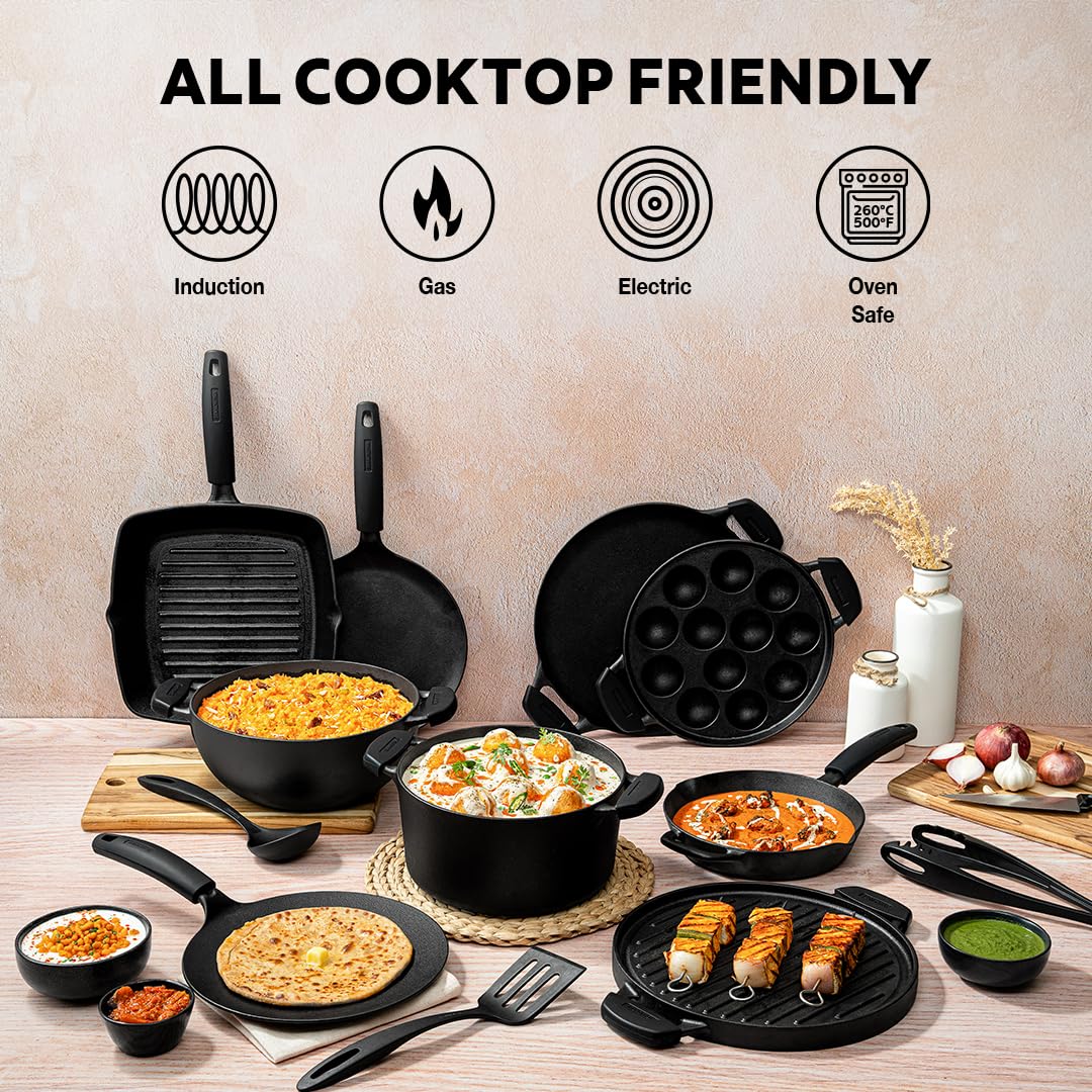 Tramontina Titanex  Pre-Seasoned Cast Iron Biryani Pot Non-Toxic, Induction Ready, Toughned Glass Lid with Steam Release, Snap-On Cool Touch Grips, Excellent Heat Retention & Even Heating