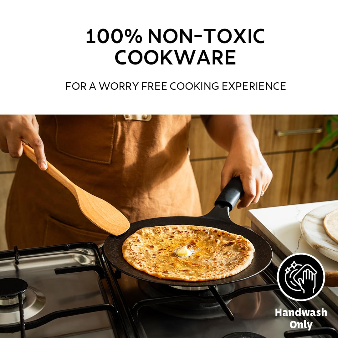 TRAMONTINA Titanex 26 cm Pre-Seasoned Cast Iron Roti Tawa – Non-Toxic, Easy Hold Non-Slip Heat-Resistant Grip, Superior Stone Finish, Excellent Heat Retention & Even Heating, Durable & Easy to Clean