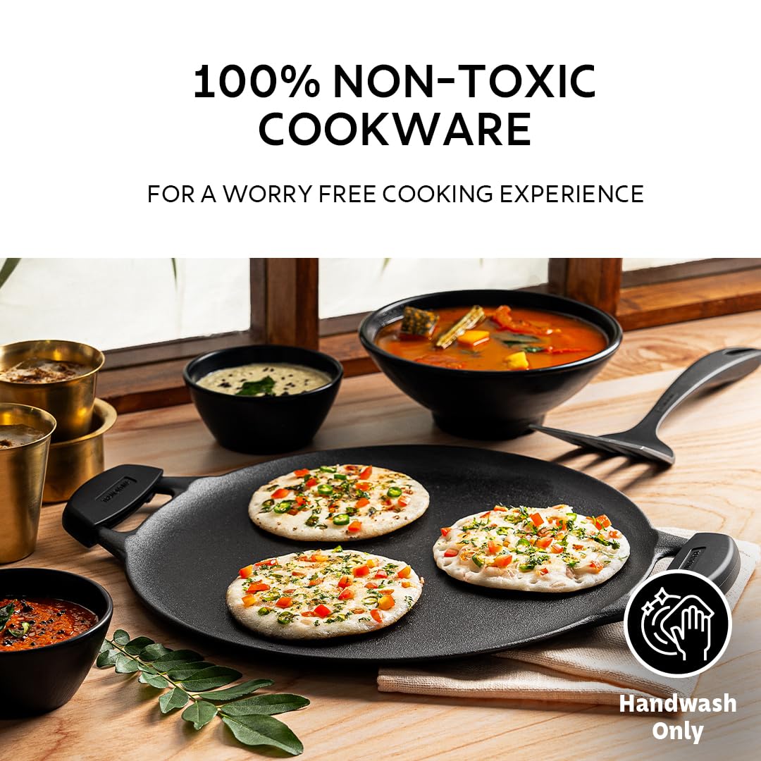 Tramontina Titanex 30 cm Pre-Seasoned Cast Iron Flat Dosa Tawa with Dual Side Handles – Non-Toxic, Induction Ready, Snap-On Cool Touch Grips, Superior Stone Finish, Raised Sides for Spill-Free Cooking