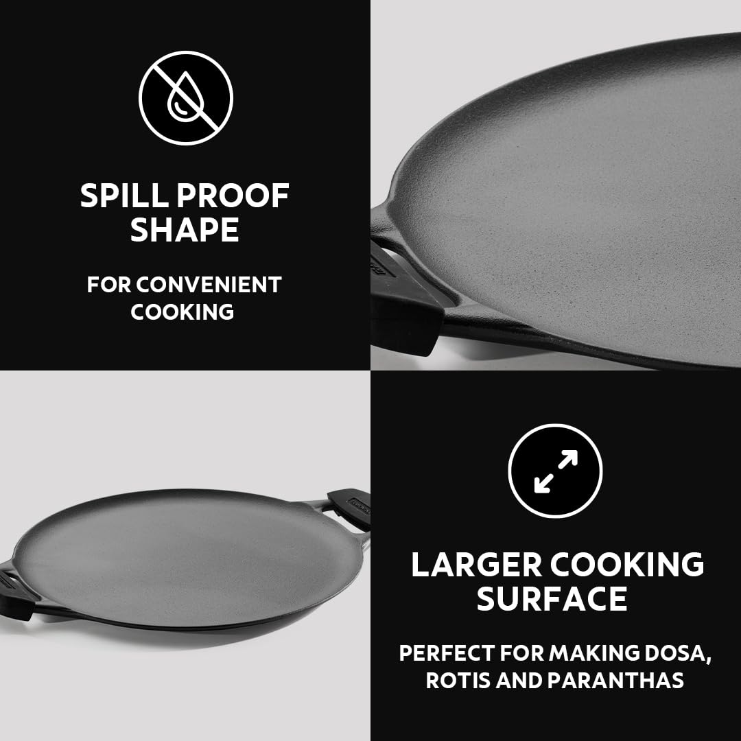 Tramontina Titanex 30 cm Pre-Seasoned Cast Iron Flat Dosa Tawa with Dual Side Handles – Non-Toxic, Induction Ready, Snap-On Cool Touch Grips, Superior Stone Finish, Raised Sides for Spill-Free Cooking