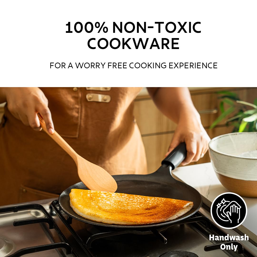 Tramontina Titanex Pre-Seasoned Cast Iron Dosa Tawa – Non-Toxic, Induction Compatible, Heat-Resistant Non-Slip Grip, Natural Stone Finish, Raised Side for Spill-Free Cooking, Long Heat Retention