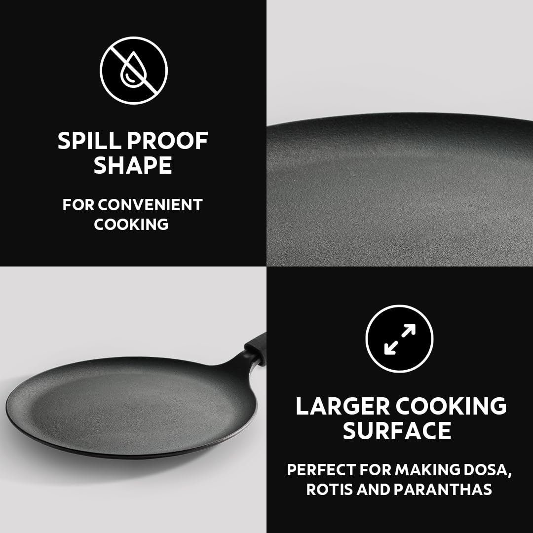 Tramontina Titanex Pre-Seasoned Cast Iron Dosa Tawa – Non-Toxic, Induction Compatible, Heat-Resistant Non-Slip Grip, Natural Stone Finish, Raised Side for Spill-Free Cooking, Long Heat Retention