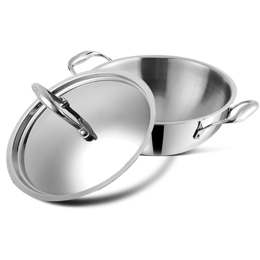 Vinod Platinum Extra deep Triply Stainless Steel Kadai with Lid | 2.5 mm Thick | Triply Kadai with Heavy Bottom | Induction Friendly Triply Stainless Steel Cookware