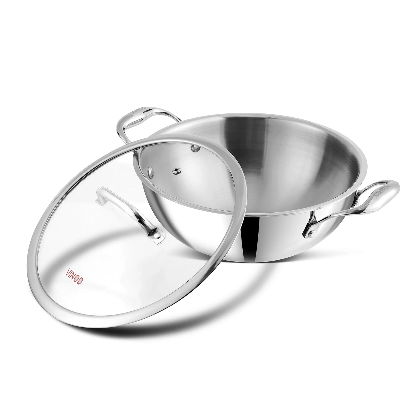 Vinod Platinum Triply Stainless Steel Extra Deep Kadai with Glass Lid | 2.5mm Thick | Kadai for Cooking | Heavy Base | Induction & Gas Base