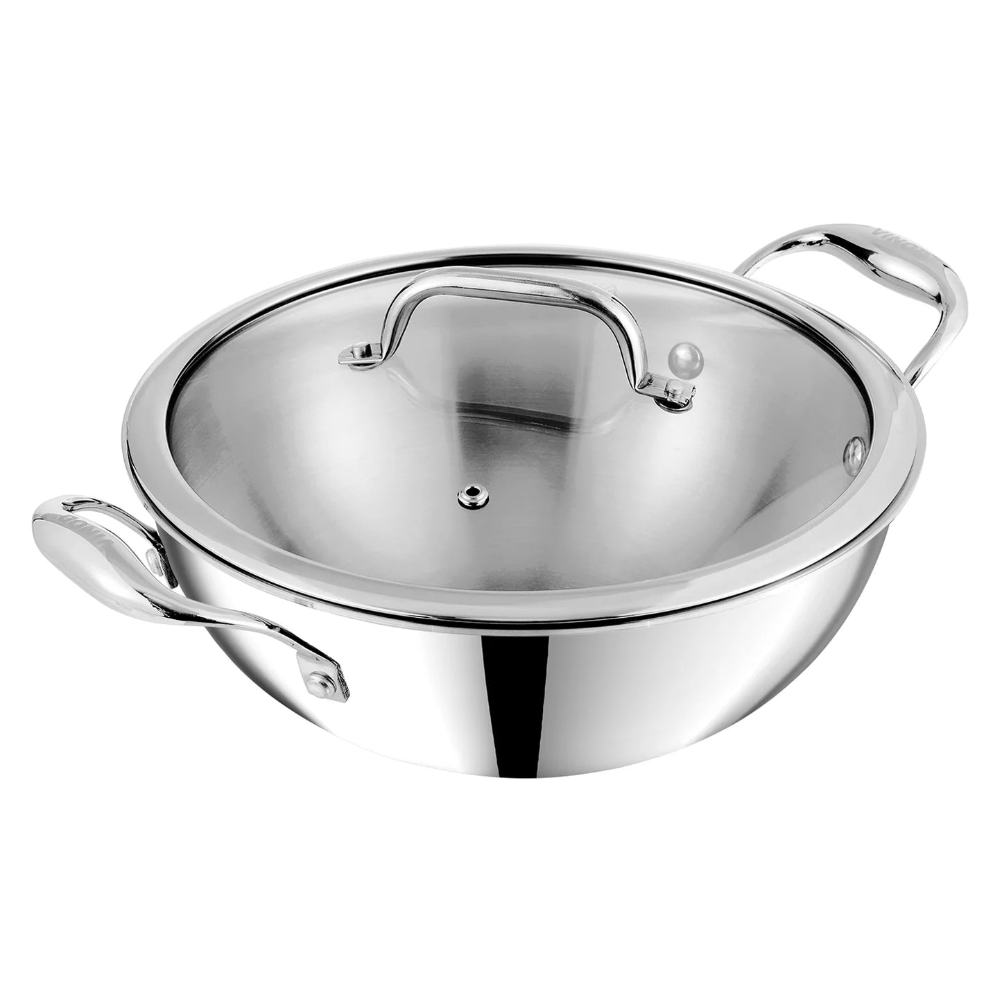 Vinod Platinum Triply Stainless Steel Extra Deep Kadai with Glass Lid | 2.5mm Thick | Kadai for Cooking | Heavy Base | Induction & Gas Base