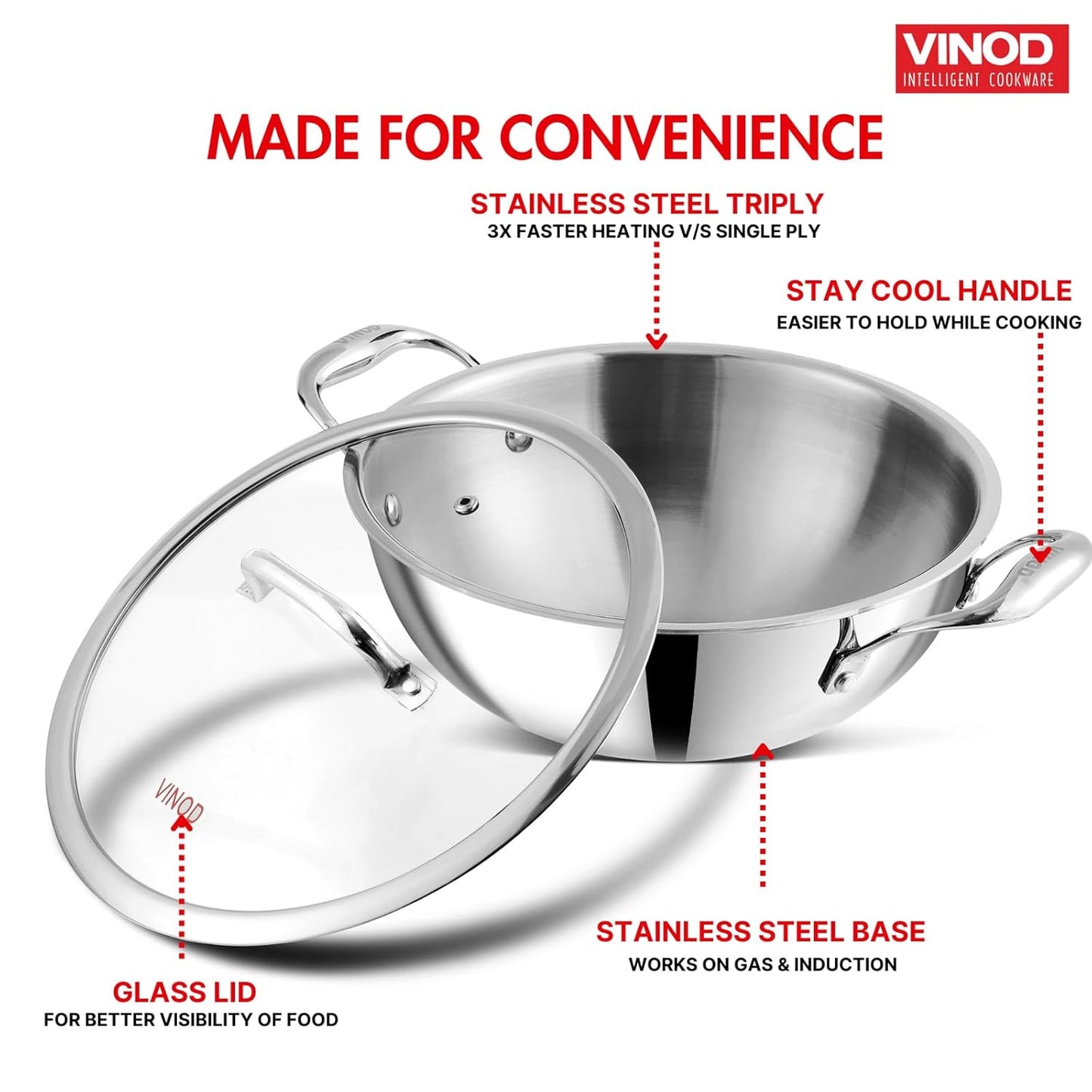 Vinod Platinum Triply Stainless Steel Extra Deep Kadai with Glass Lid | 2.5mm Thick | Kadai for Cooking | Heavy Base | Induction & Gas Base