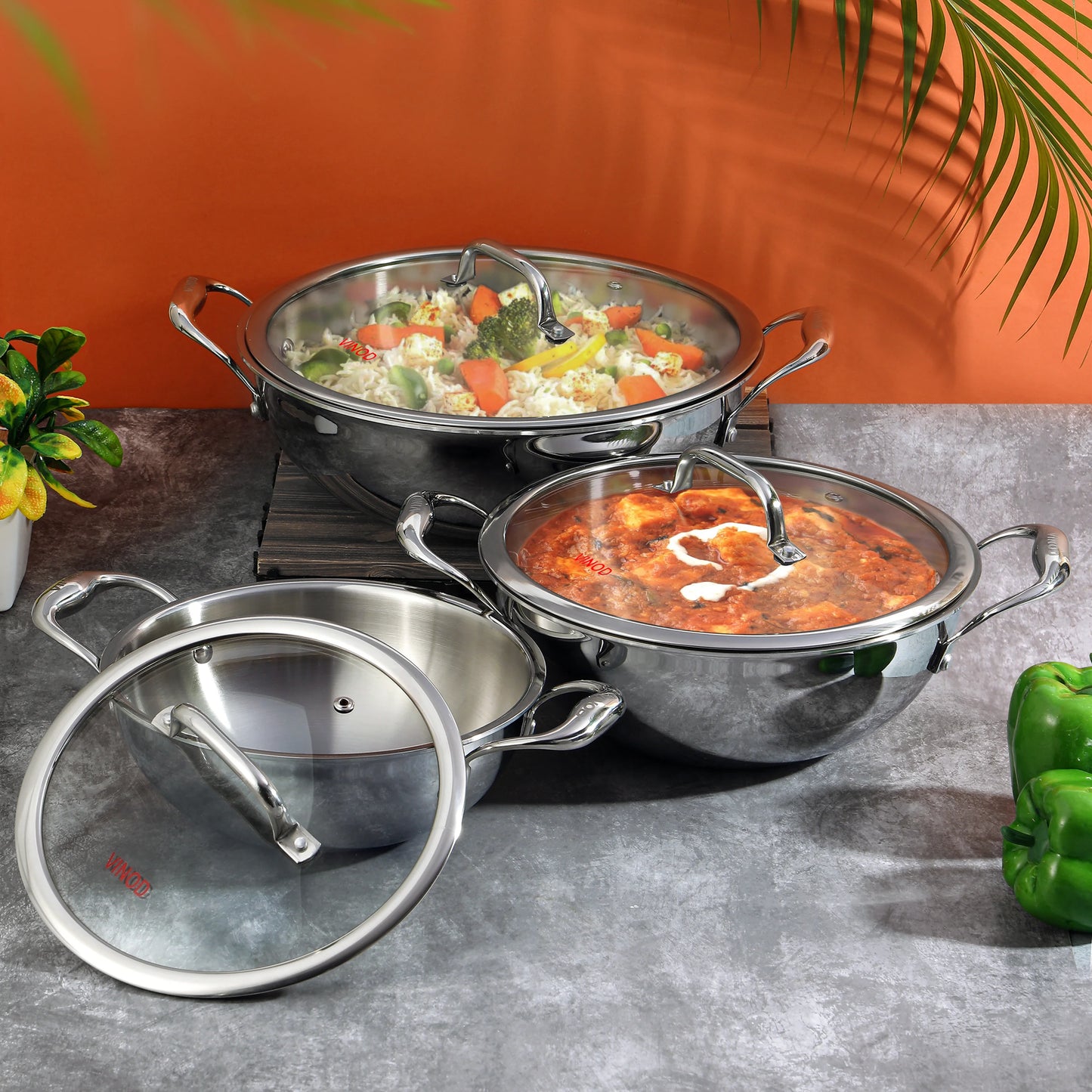 Vinod Platinum Triply Stainless Steel Extra Deep Kadai with Glass Lid | 2.5mm Thick | Kadai for Cooking | Heavy Base | Induction & Gas Base