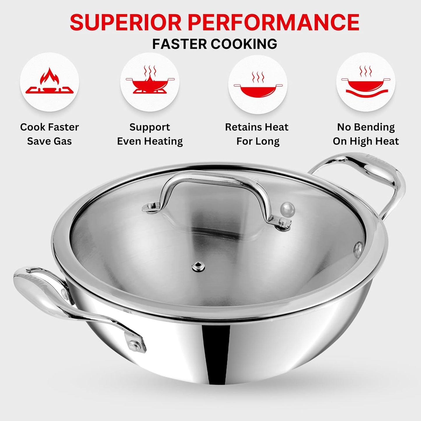 Vinod Platinum Triply Stainless Steel Extra Deep Kadai with Glass Lid | 2.5mm Thick | Kadai for Cooking | Heavy Base | Induction & Gas Base