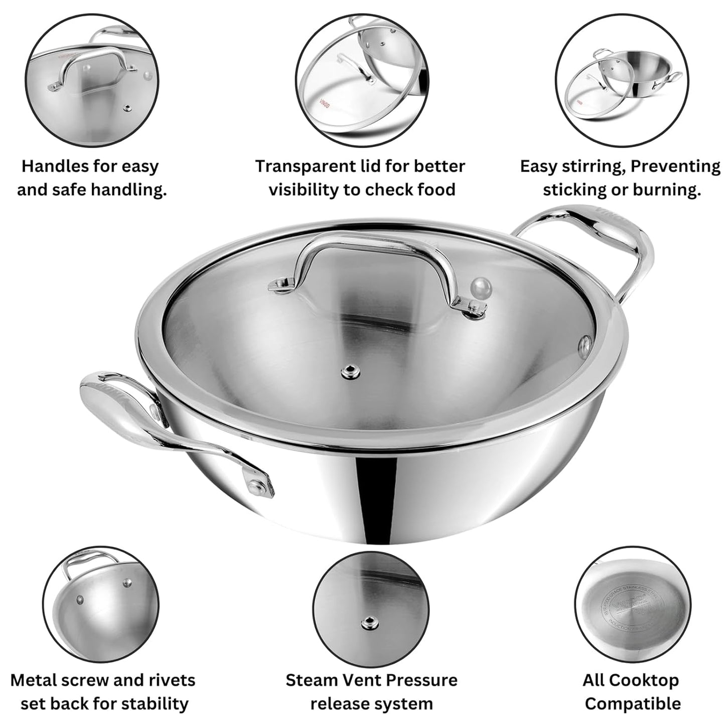 Vinod Platinum Triply Stainless Steel Extra Deep Kadai with Glass Lid | 2.5mm Thick | Kadai for Cooking | Heavy Base | Induction & Gas Base