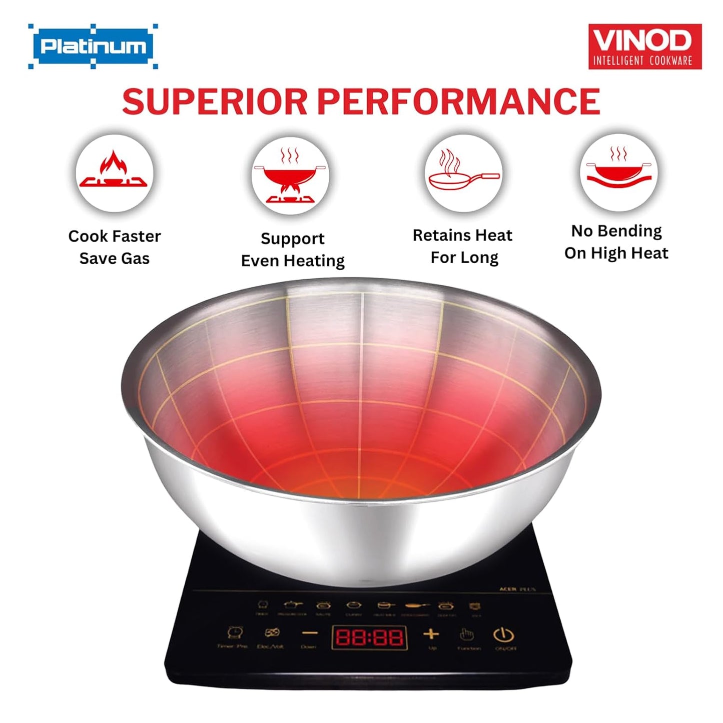 Vinod Platinum Triply Stainless Steel Extra Deep Tasla | 2.5 mm Thick | Steel Kadai |5 Year Warranty | Induction & Gas Friendly, Heavy Bottom - Silver