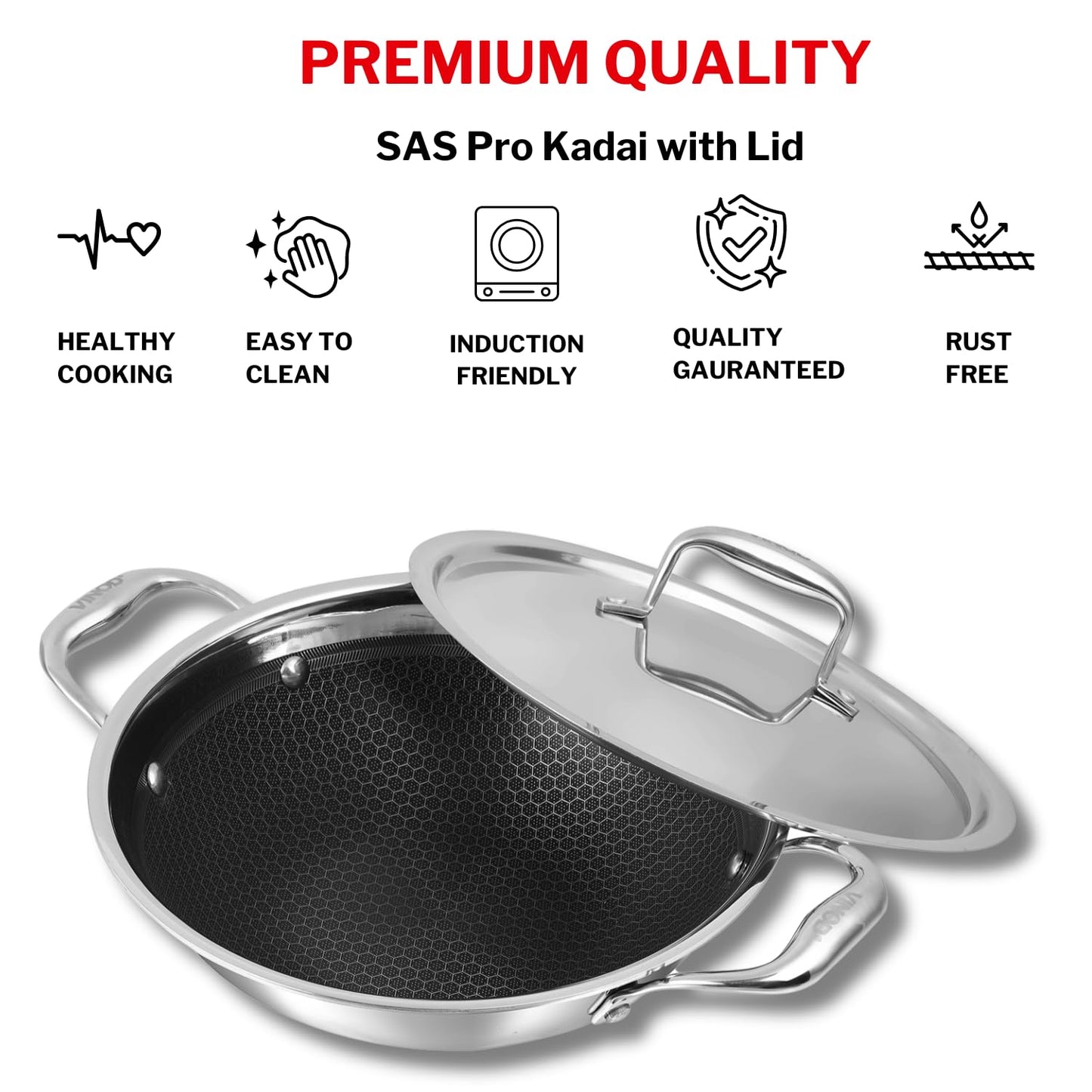 Vinod SAS Pro Platinum Stainless Steel Non Stick Extra Deep Kadai with Lid-  Hexa Design Triply Kadhai/Ceramic Coating, Induction Base