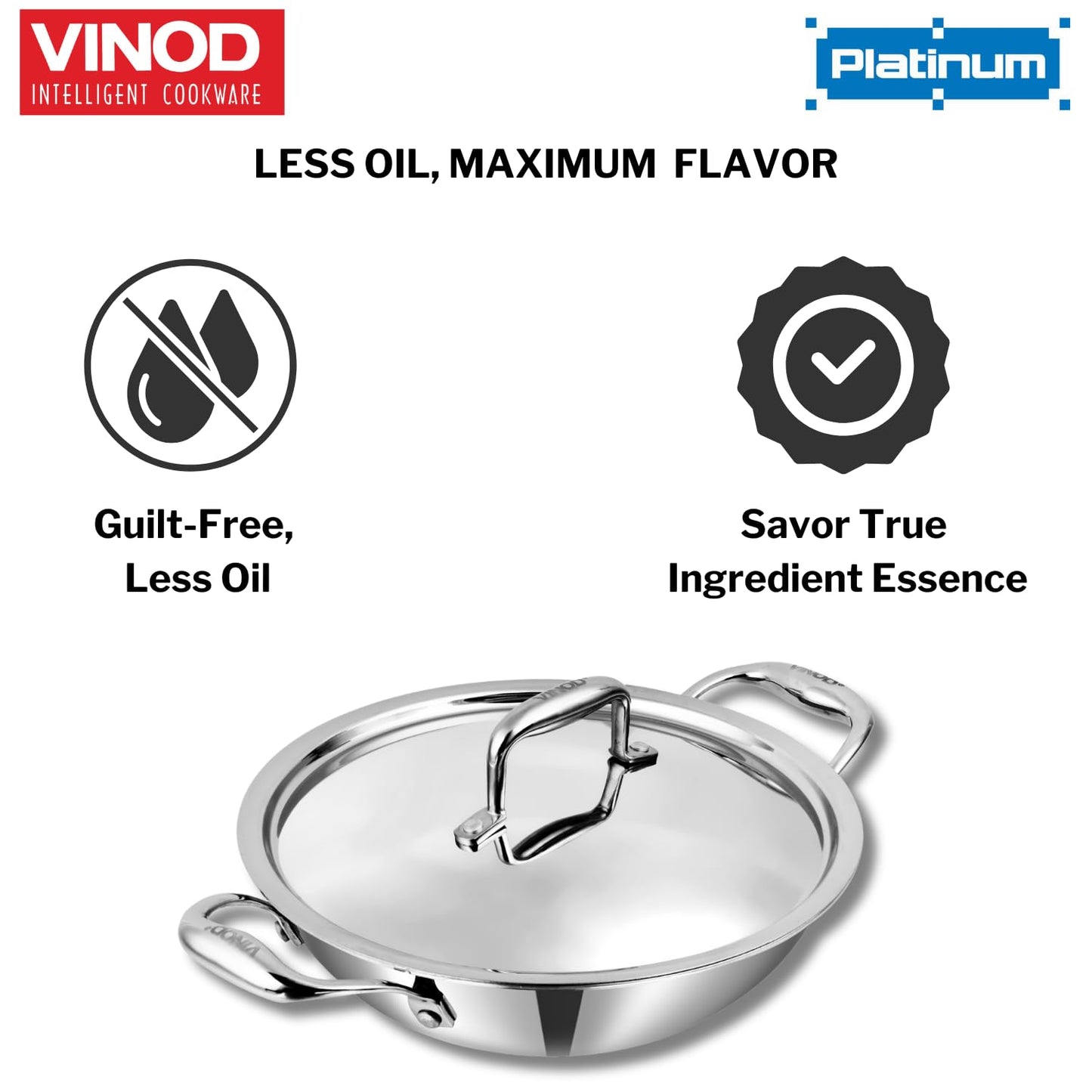 Vinod SAS Pro Platinum Stainless Steel Non Stick Extra Deep Kadai with Lid-  Hexa Design Triply Kadhai/Ceramic Coating, Induction Base