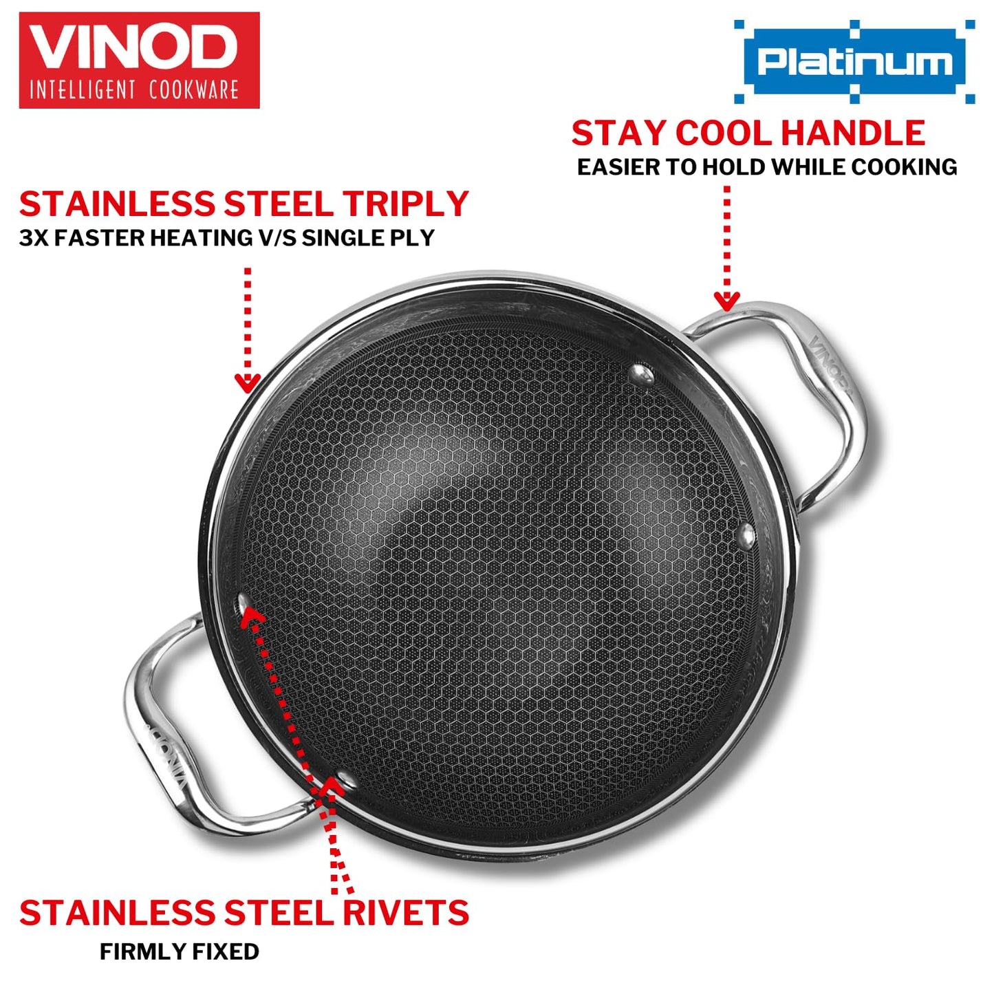 Vinod SAS Pro Platinum Stainless Steel Non Stick Extra Deep Kadai with Lid-  Hexa Design Triply Kadhai/Ceramic Coating, Induction Base