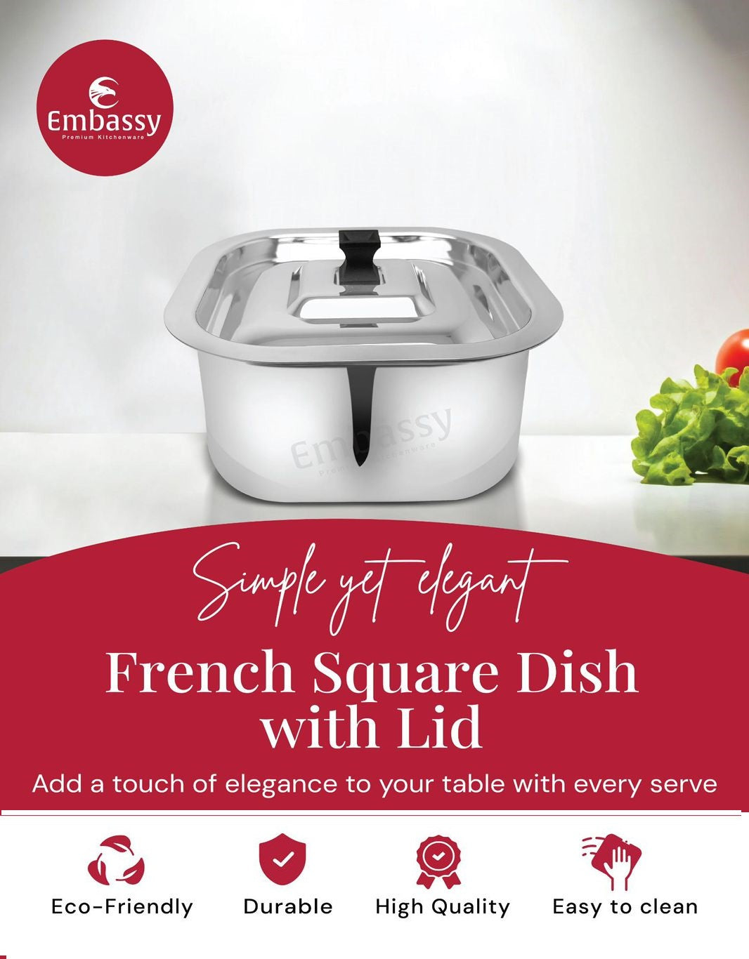 Embassy Stainless Steel French Square Dish With Lid /  Square Serving Bowl/Curry Bowl/Gravy Pot with lid,