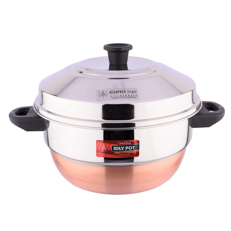 Eurostyle Compact Deluxe -15 Copper Bottom l Idli Cookware & Steamer - Idli, Idiyappam, Dhokla & Vegetable Steamer(2in 1) 3 Idli Plates (15 idlis) &1 Steamer (Copper Bottom) - EUS_Comp_15_D_CB