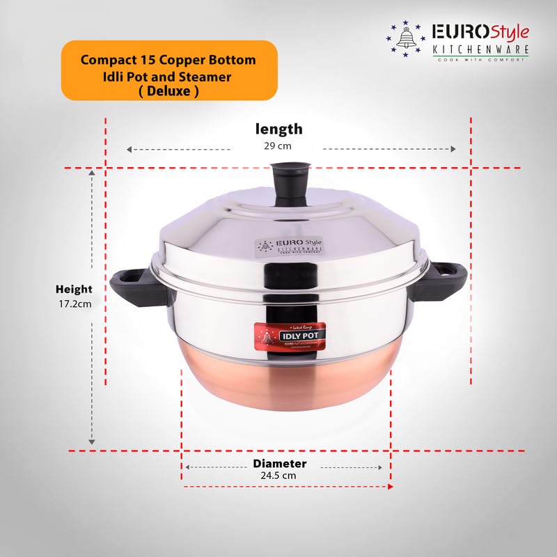 Eurostyle Compact Deluxe -15 Copper Bottom l Idli Cookware & Steamer - Idli, Idiyappam, Dhokla & Vegetable Steamer(2in 1) 3 Idli Plates (15 idlis) &1 Steamer (Copper Bottom) - EUS_Comp_15_D_CB