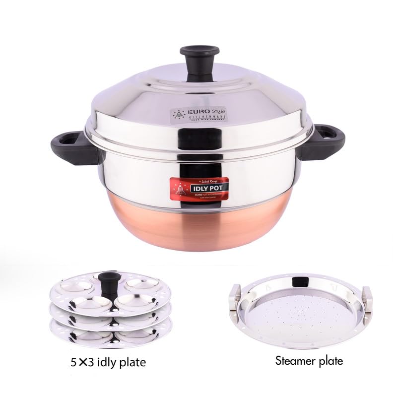 Eurostyle Compact Deluxe -15 Copper Bottom l Idli Cookware & Steamer - Idli, Idiyappam, Dhokla & Vegetable Steamer(2in 1) 3 Idli Plates (15 idlis) &1 Steamer (Copper Bottom) - EUS_Comp_15_D_CB