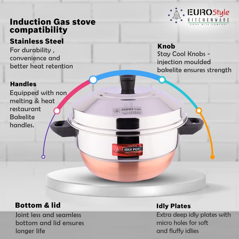 Eurostyle Compact Deluxe -15 Copper Bottom l Idli Cookware & Steamer - Idli, Idiyappam, Dhokla & Vegetable Steamer(2in 1) 3 Idli Plates (15 idlis) &1 Steamer (Copper Bottom) - EUS_Comp_15_D_CB