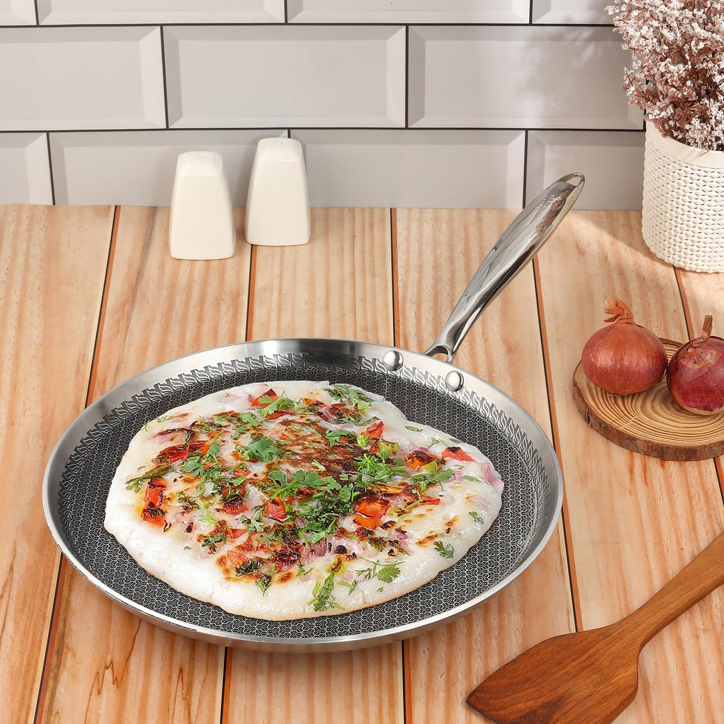 Vinod SAS Pro Platinum Triply Stainless Steel Dosa Tawa | 4.0 mm Thick | Hexa Design | Metal Spoon Friendly | Riveted Handle | Gas, Induction Base