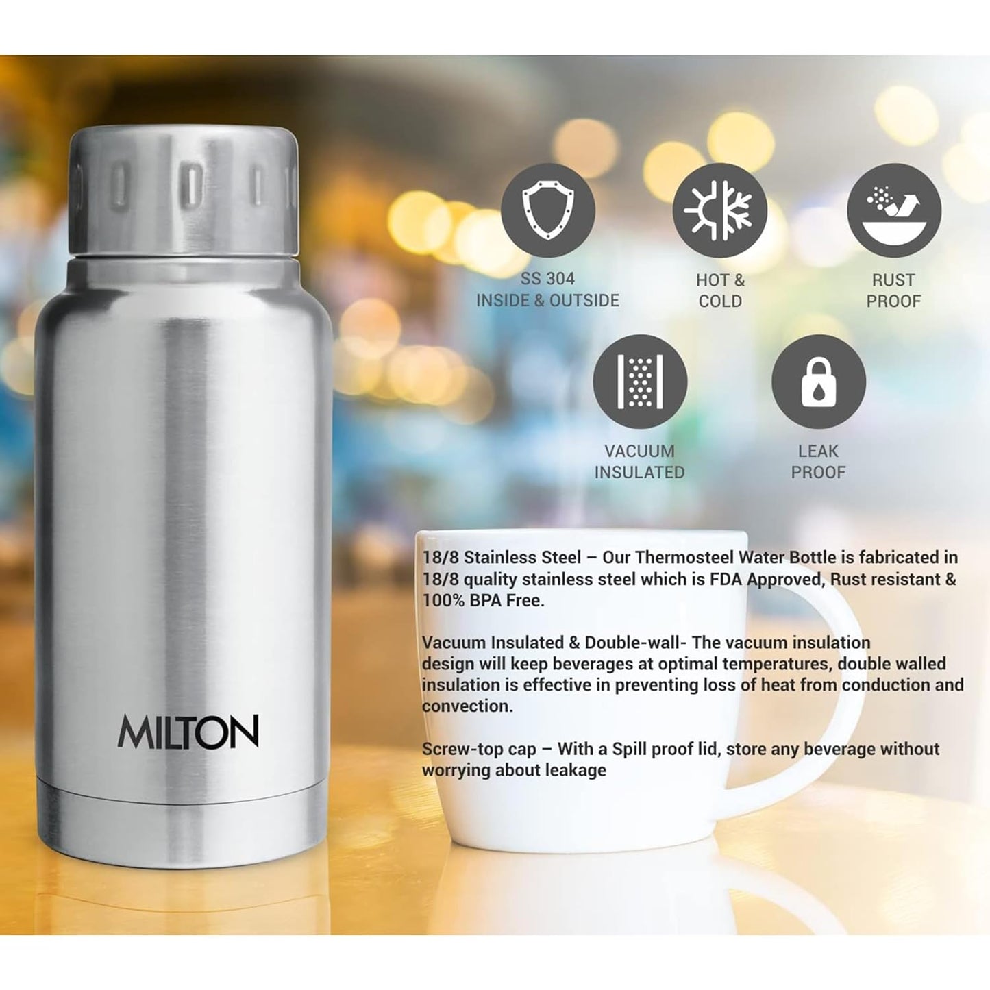 Milton Elfin Thermosteel 24 Hours Hot and Cold Water Bottle,| Leak Proof | Easy to Carry | Office Bottle | Hiking | Trekking | Travel Bottle | Gym | Home | Kitchen Bottle