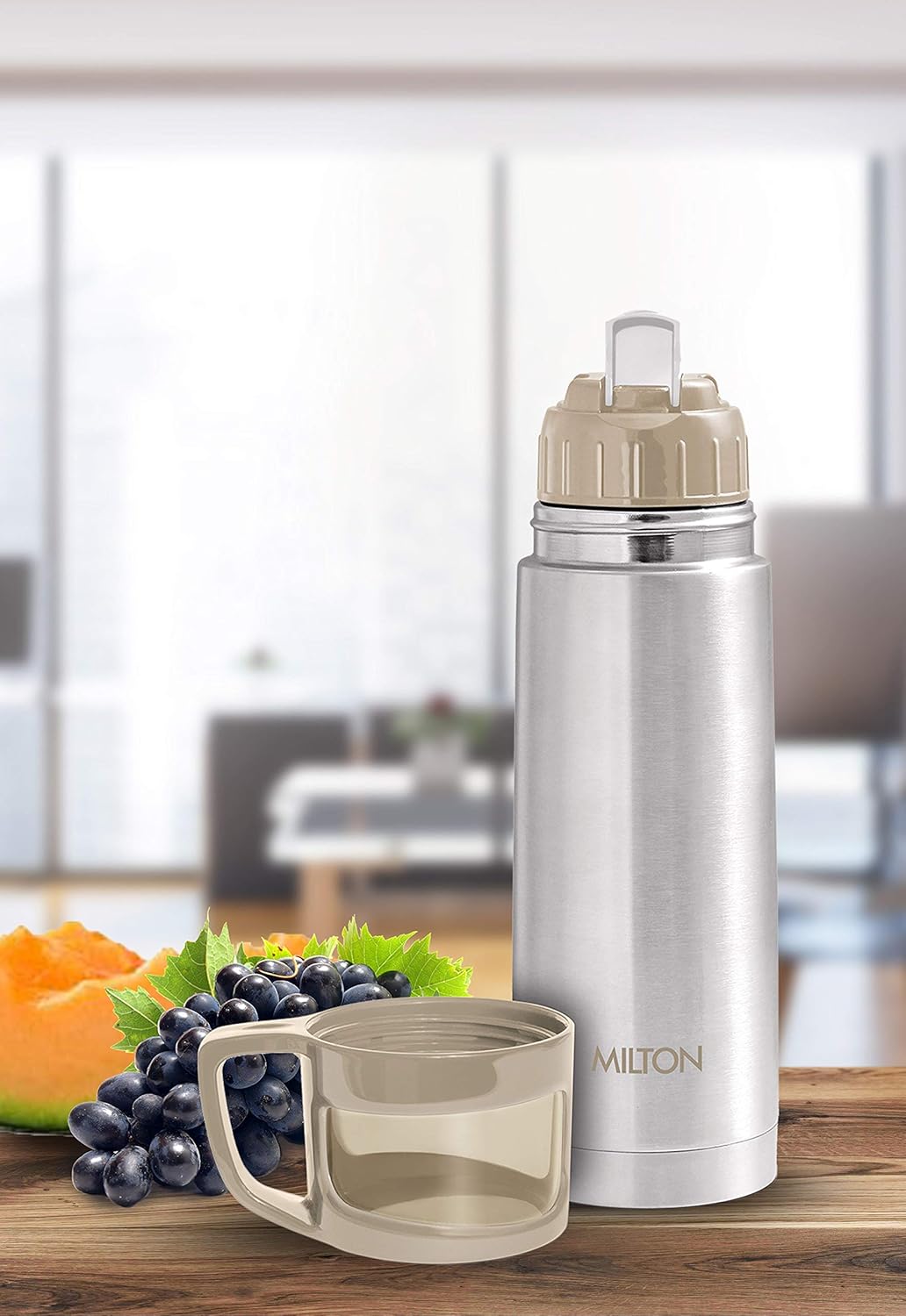 MILTON Glassy 350 Thermosteel Vacuum Insulated Double Walled Flask with Drinking Cup lid & Jacket, 350 ml Water Bottles,24 Hours Hot & Cold, Easy to Carry,Rust Proof, Tea, Coffee, Travel Bottle