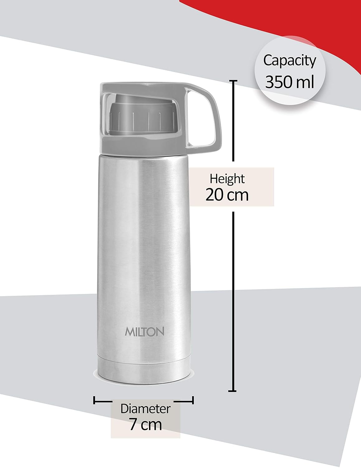 MILTON Glassy 350 Thermosteel Vacuum Insulated Double Walled Flask with Drinking Cup lid & Jacket, 350 ml Water Bottles,24 Hours Hot & Cold, Easy to Carry,Rust Proof, Tea, Coffee, Travel Bottle