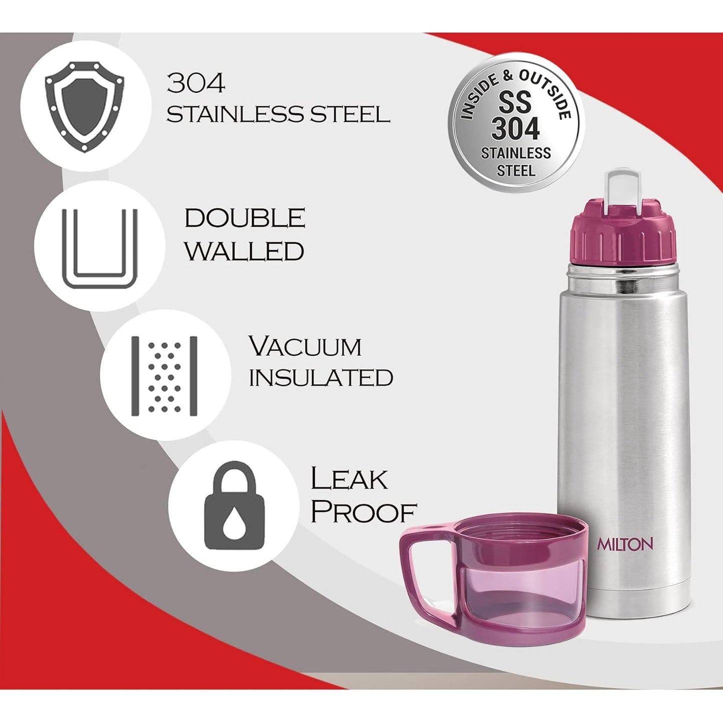 MILTON Glassy 350 Thermosteel Vacuum Insulated Double Walled Flask with Drinking Cup lid & Jacket, 350 ml Water Bottles,24 Hours Hot & Cold, Easy to Carry,Rust Proof, Tea, Coffee, Travel Bottle