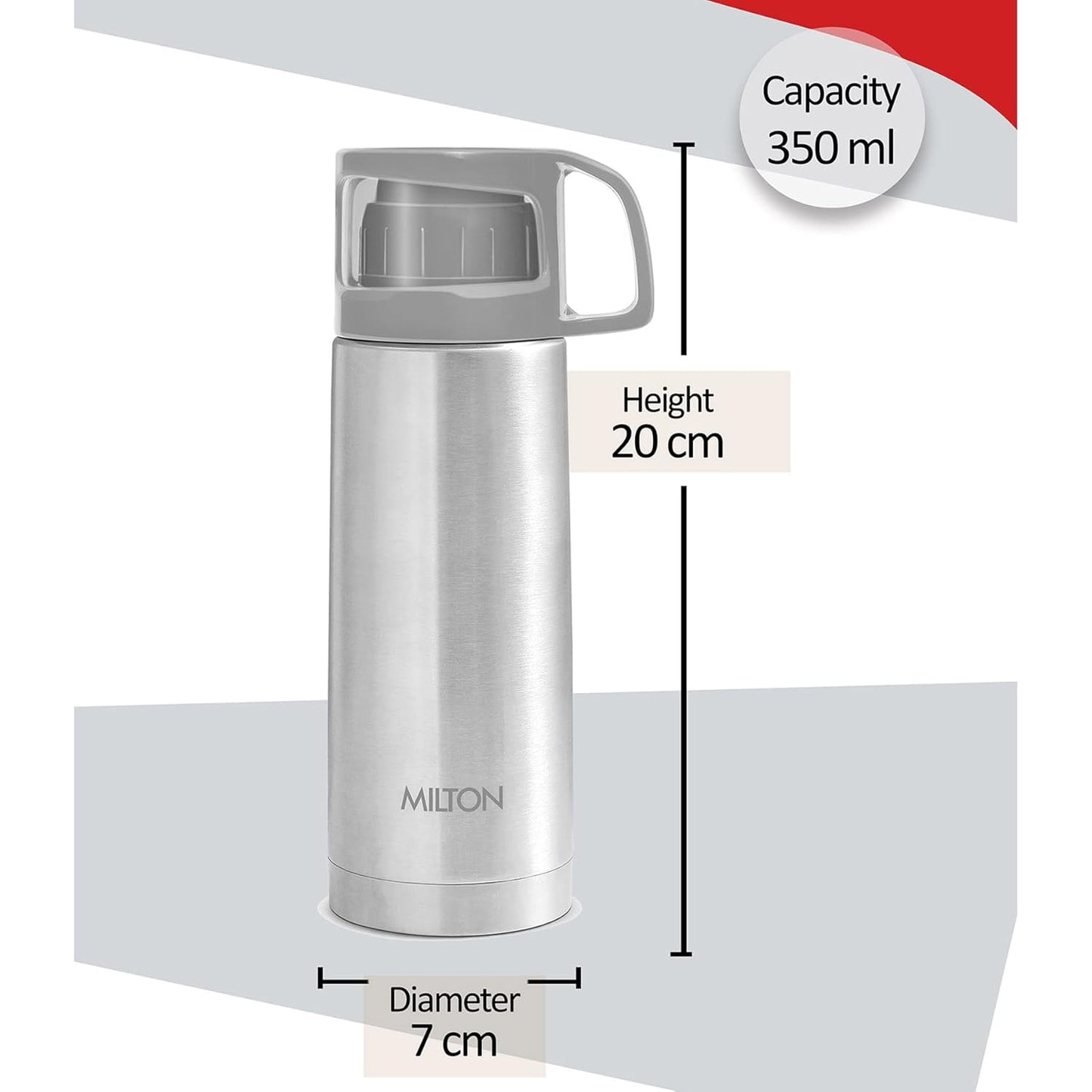 MILTON Glassy 350 Thermosteel Vacuum Insulated Double Walled Flask with Drinking Cup lid & Jacket, 350 ml Water Bottles,24 Hours Hot & Cold, Easy to Carry,Rust Proof, Tea, Coffee, Travel Bottle