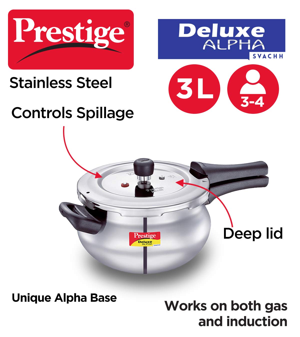 Prestige Svachh Alpha  Pressure Handi With Deep Lid For Spillage Control, Stainless Steel, Silver, Outer Lid