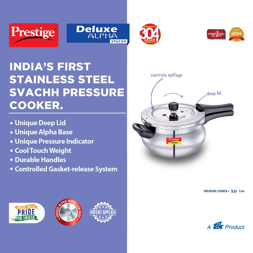 Prestige Svachh Alpha  Pressure Handi With Deep Lid For Spillage Control, Stainless Steel, Silver, Outer Lid