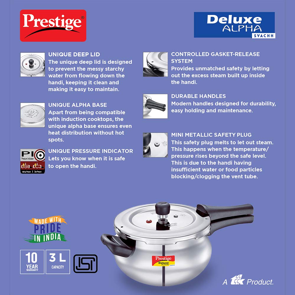 Prestige Svachh Alpha  Pressure Handi With Deep Lid For Spillage Control, Stainless Steel, Silver, Outer Lid