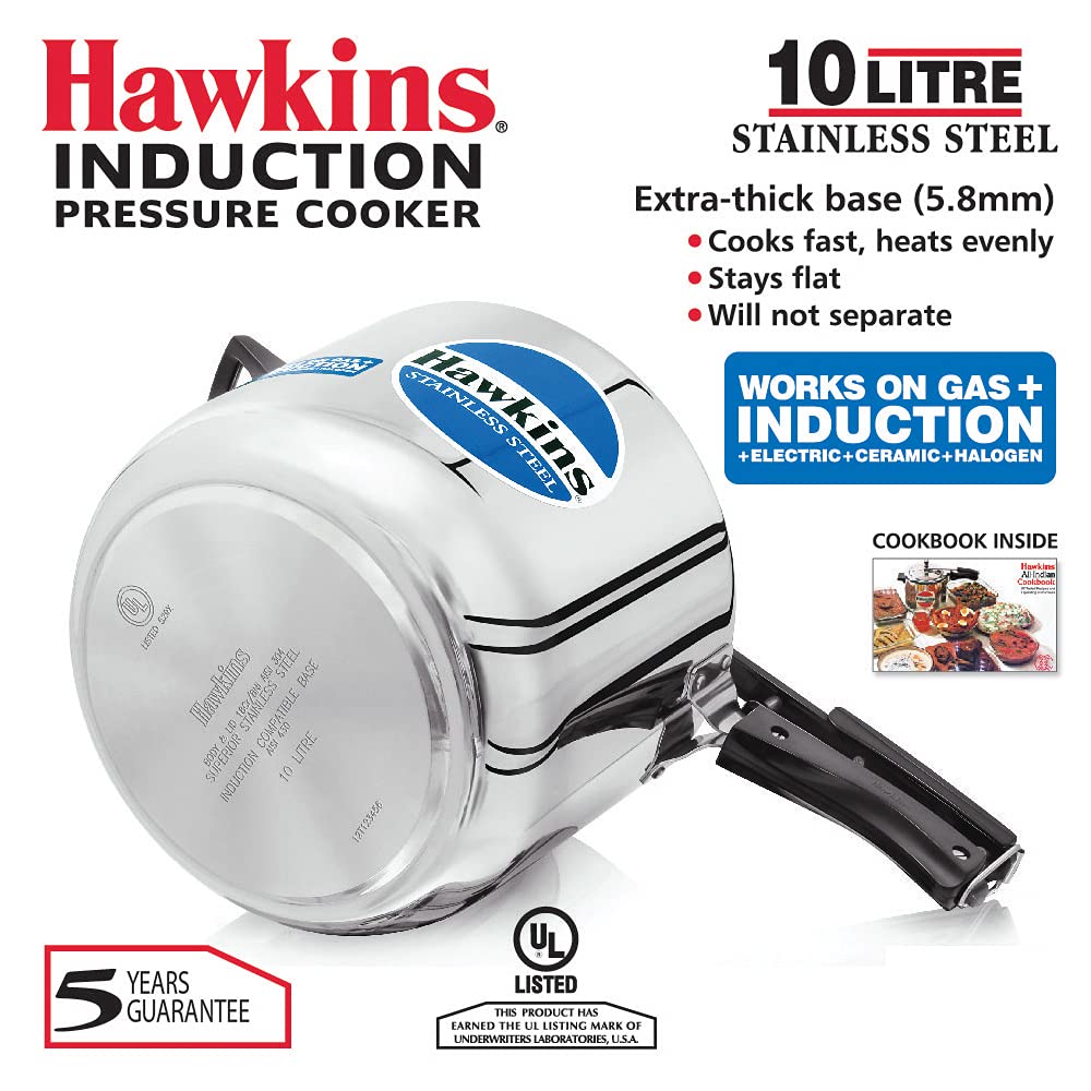 Hawkins Stainless Steel 10L Inner Lid Pressure Cooker Induction Compatible, 10 Liter(HSS10)