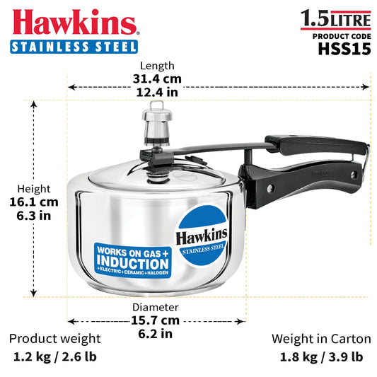 Hawkins 1.5 Litre Pressure Cooker, Stainless Steel Inner Lid Cooker, Induction Cooker, Small Cooker, Silver (HSS15)