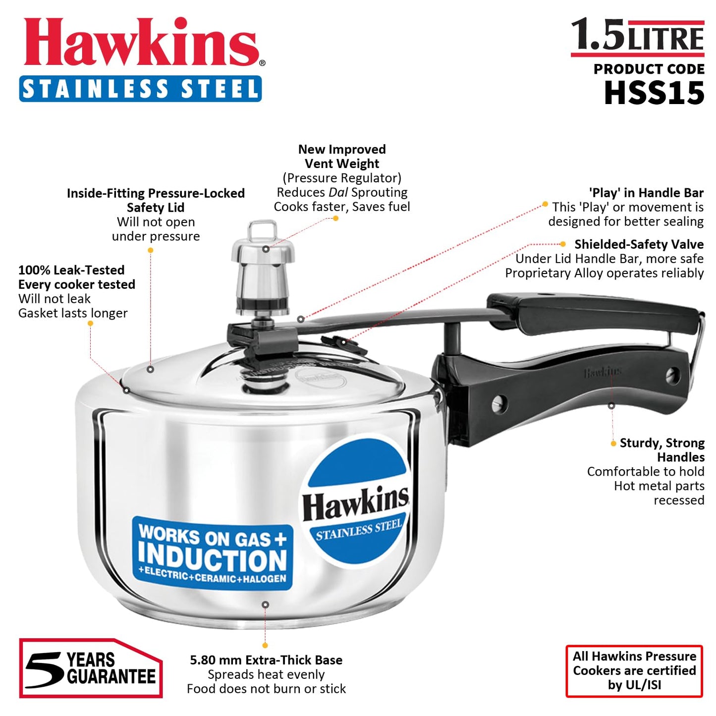 Hawkins 1.5 Litre Pressure Cooker, Stainless Steel Inner Lid Cooker, Induction Cooker, Small Cooker, Silver (HSS15)